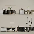 Modern Dining Table And Chair Set With Marble Top Hanging Lights And Green Plants