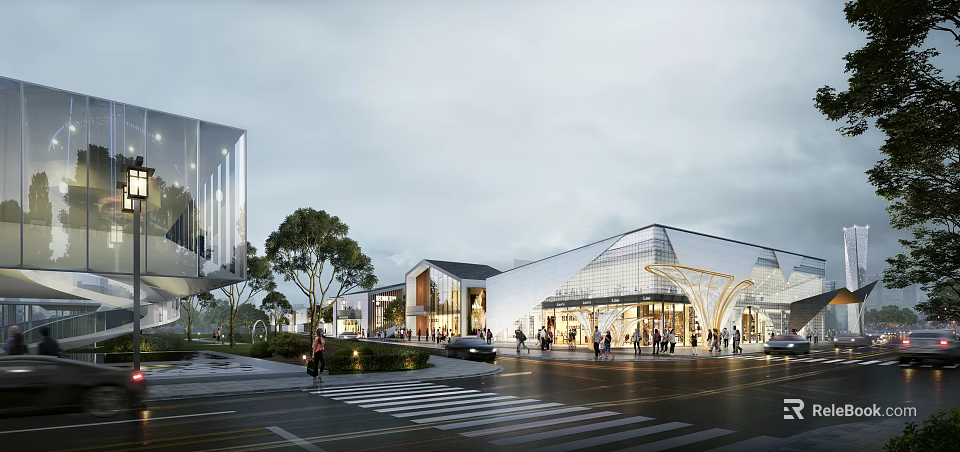 Aerial Planning of Modern Commercial District Featuring Glass Facades Open Spaces and Pedestrian Areas 3d model 