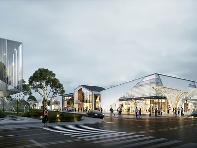 Aerial Planning of Modern Commercial District Featuring Glass Facades Open Spaces and Pedestrian Areas 3d model