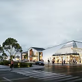 Aerial Planning of Modern Commercial District Featuring Glass Facades Open Spaces and Pedestrian Areas