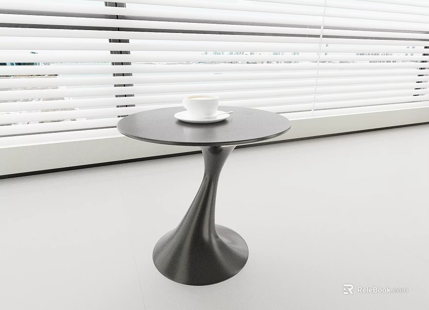 Modern Black Side Table with Spiral Curved Base and White Cup in Room with Window Blinds 3d model 
