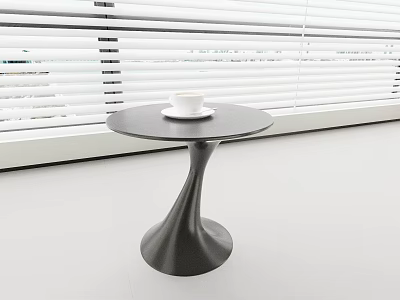 Modern Black Side Table with Spiral Curved Base and White Cup in Room with Window Blinds 3d model