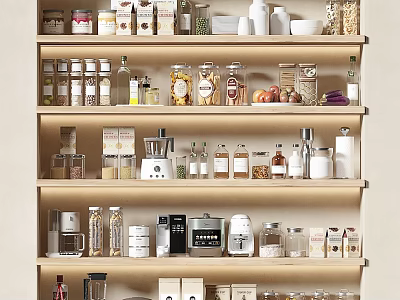Spice Bottles and Jars on Kitchen Shelves with Various Kitchen Items 3d model