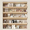 Spice Bottles and Jars on Kitchen Shelves with Various Kitchen Items