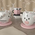 Cute Cat Shaped Ceramic Mugs with Spoons on Pink Coasters Cartoon Design