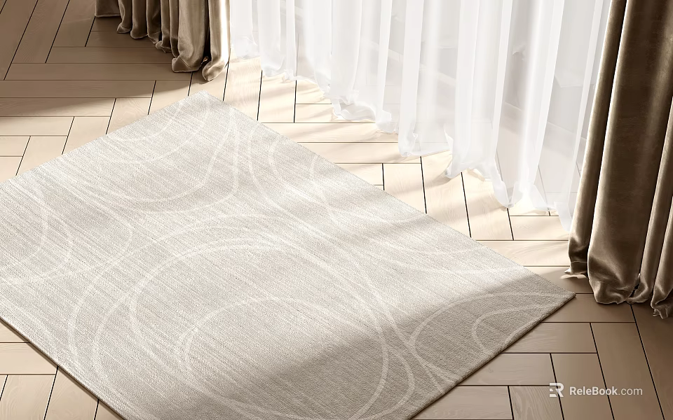 Light Beige Square Rug With Circular Patterns On Wooden Floor And Sunlight Streaming In 3d model