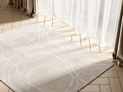 Light Beige Square Rug With Circular Patterns On Wooden Floor And Sunlight Streaming In 3d model