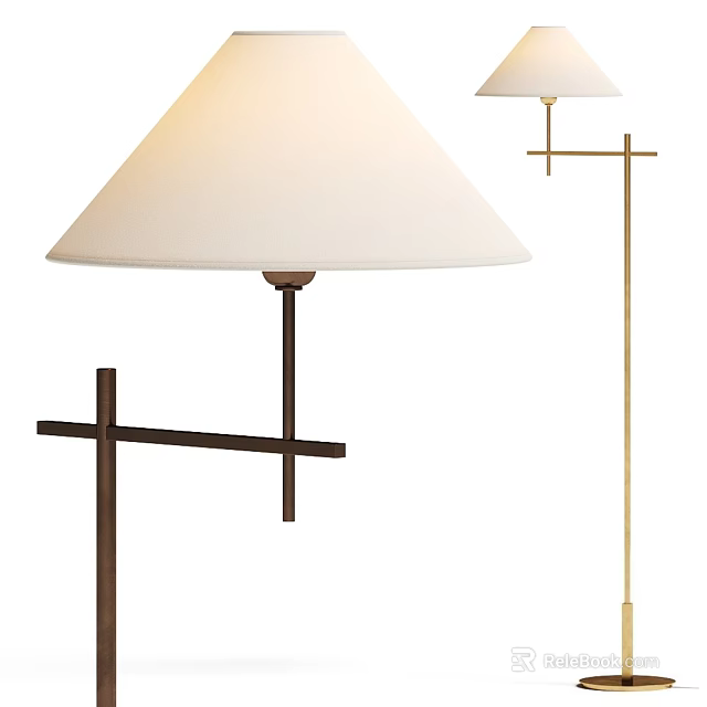 Minimalist Modern Floor Lamp With White Lampshade And Metal Cross Base Design 3d model 