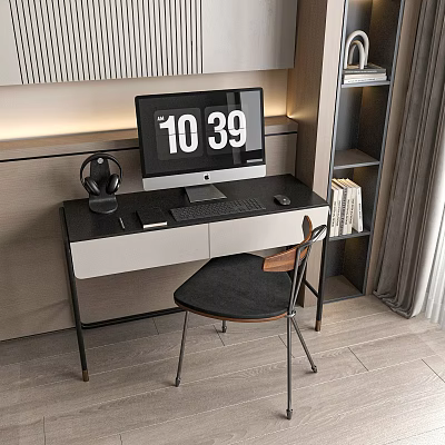 Modern Home Office Desk With Computer Monitor Headphones Keyboard And Chair 3d model