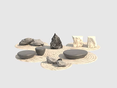 Zen Style Garden Ornaments With Various Shaped Stones And Circular Sand Trays 3d model