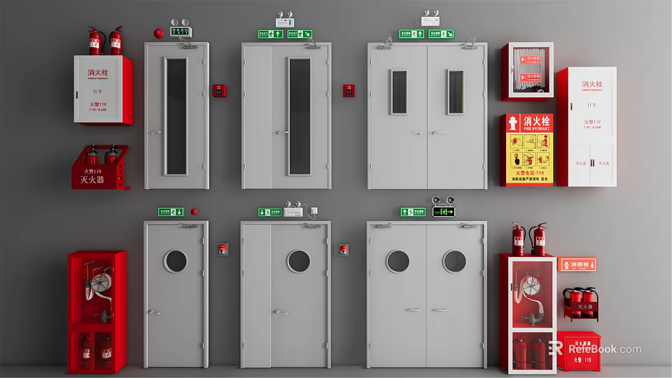Fire Safety Equipment Including Doors Exit Signs Extinguishers And Cabinets 3d model 