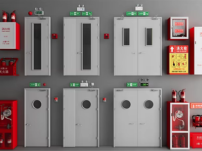 Fire Safety Equipment Including Doors Exit Signs Extinguishers And Cabinets 3d model