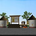 Rustic Farm Display With Thatched Roof Building Corn Baskets And Pumpkins By PAM Wall