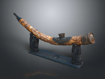 Ornately Carved Curved Sculpture With Intricate Patterns On Black Stone Stands 3d model