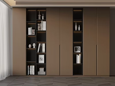 Modern Brown Cabinet With Black Open Shelves Books Decorative Items Photo Frames And Vases 3d model