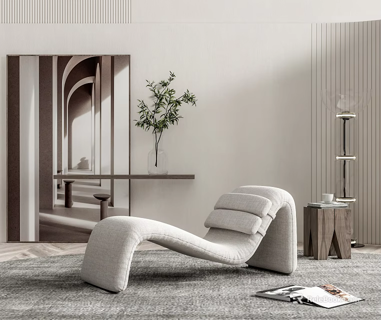 Modern Curved Lounge Chair in Cozy Indoor Setting with Wooden Side Table and Green Plant 3d model 
