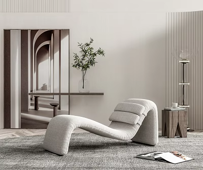Modern Curved Lounge Chair in Cozy Indoor Setting with Wooden Side Table and Green Plant 3d model