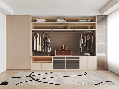 Modern Wardrobe Interior Design With Hanging Rails Drawers And Shelves 3d model