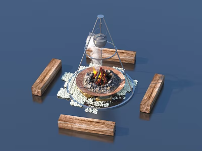 Garden Decorative Bonfire Pit Setup With Tripod Kettle Wooden Benches And White Pebbles 3d model