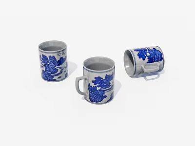 Blue and White Ceramic Mugs with Traditional Landscape Patterns on White Surface 3d model