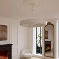 Modern White Circular Chandelier in Elegant Living Room Interior with Fireplace Mirror and Decorative Painting