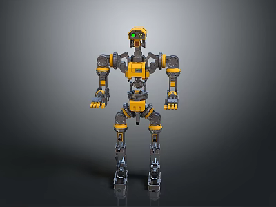 Yellow And Black Mechanical Robot Character In Standing Pose With Green Accents And Joint Details 3d model
