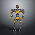 Yellow And Black Mechanical Robot Character In Standing Pose With Green Accents And Joint Details