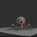 Rusty Mechanical Creature With Large Green Eye And Mechanical Legs On Gray Surface