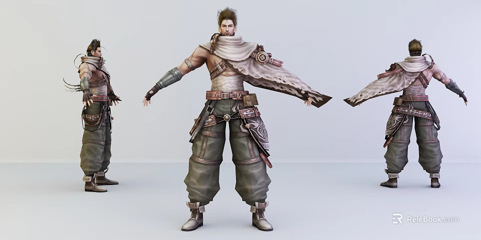 Adventurous Game Character With Scarf Bare Chest Leather Belt And Utility Pants 3d model 