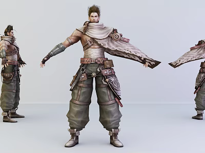 Adventurous Game Character With Scarf Bare Chest Leather Belt And Utility Pants 3d model