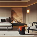 Elegant Modern Bedroom Interior With Wooden Accents Landscape Painting Pendant Lights And Soft Rug