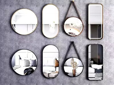 Different Shaped Decorative Mirrors With Gold Black Frames Reflecting Interior Scenes 3d model