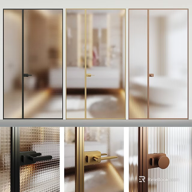 Stylish Double Glass Doors With Ribbed Pattern And Gold Black Metal Handles 3d model 