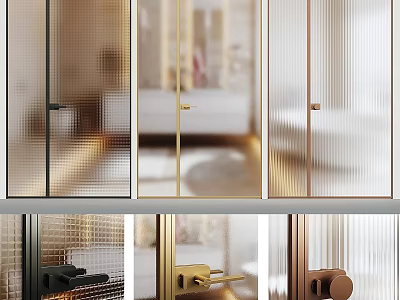 Stylish Double Glass Doors With Ribbed Pattern And Gold Black Metal Handles 3d model
