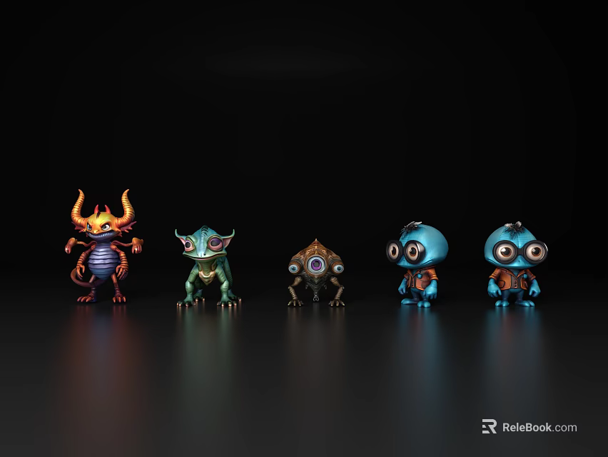 Colorful Cartoon Monster Characters Standing On Black Background 3d model