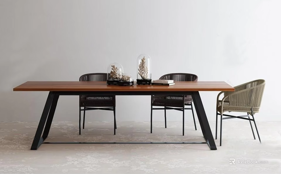 Modern Minimalist Dining Table Set With Wooden Top Black Metal Legs And Decorative Items 3d model 