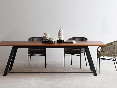 Modern Minimalist Dining Table Set With Wooden Top Black Metal Legs And Decorative Items 3d model