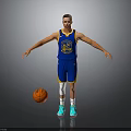 Basketball Player Wearing Blue Warriors Jersey With Basketball And White Knee Pads