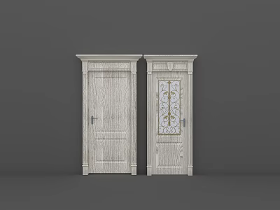 White Wooden Swing Doors Design With Decorative Glass And Carved Details 3d model