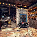 Vintage Industrial Restaurant Interior With Wooden Walls Leather Seats And Lifebuoy Decor