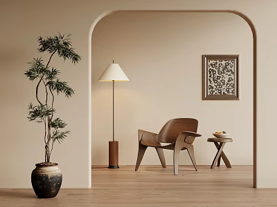 Leisure Chair in Arched Doorway with Floor Lamp Side Table Potted Plant and Wall Art 3d model