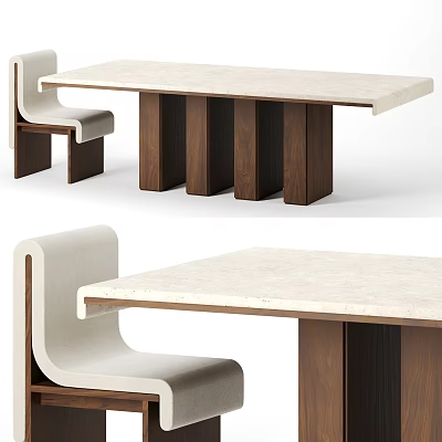 Minimalist Dining Table Set With Beige Marble Top And Wooden Legs Plus Modern Chairs 3d model