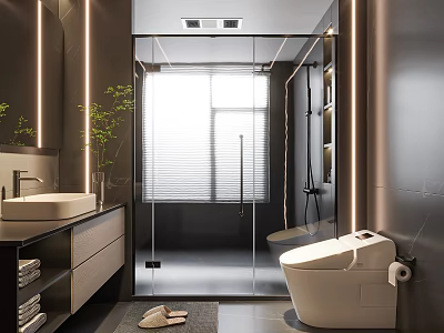 Modern Bathroom Interior With Glass Shower Enclosure White Toilet And Vanity With Under Mount Sink 3d model