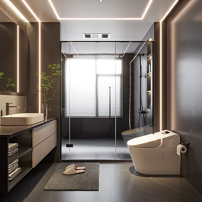 Modern Bathroom Interior With Glass Shower Enclosure White Toilet And Vanity With Under Mount Sink 3d model
