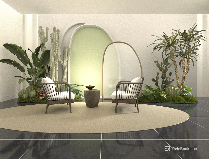 Indoor Landscape Design With Wicker Chairs Round Table Arched Green Wall And Various Plants 3d model 