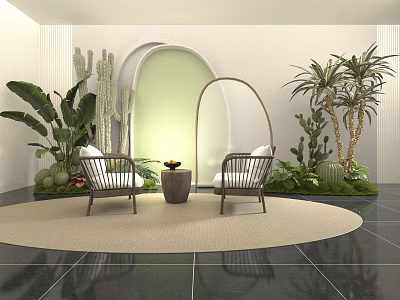 Indoor Landscape Design With Wicker Chairs Round Table Arched Green Wall And Various Plants 3d model