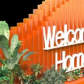 Welcome Home Decorative Orange Curved Structure With Green Plants And Base Platform