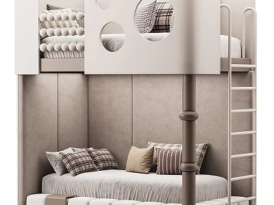 Modern Bunk Bed Design With Ladder Circular Windows And Soft Pillows 3d model