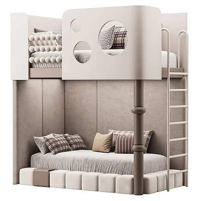 Modern Bunk Bed Design With Ladder Circular Windows And Soft Pillows 3d model