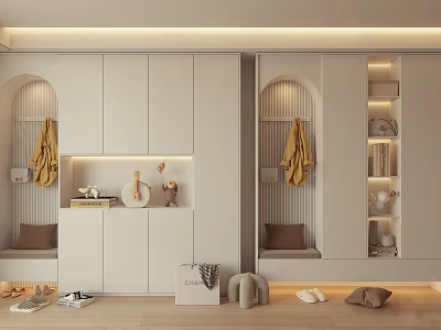 Modern Shoe Cabinet Design With Storage Shelves Seating Bench And Decorative Hooks 3d model